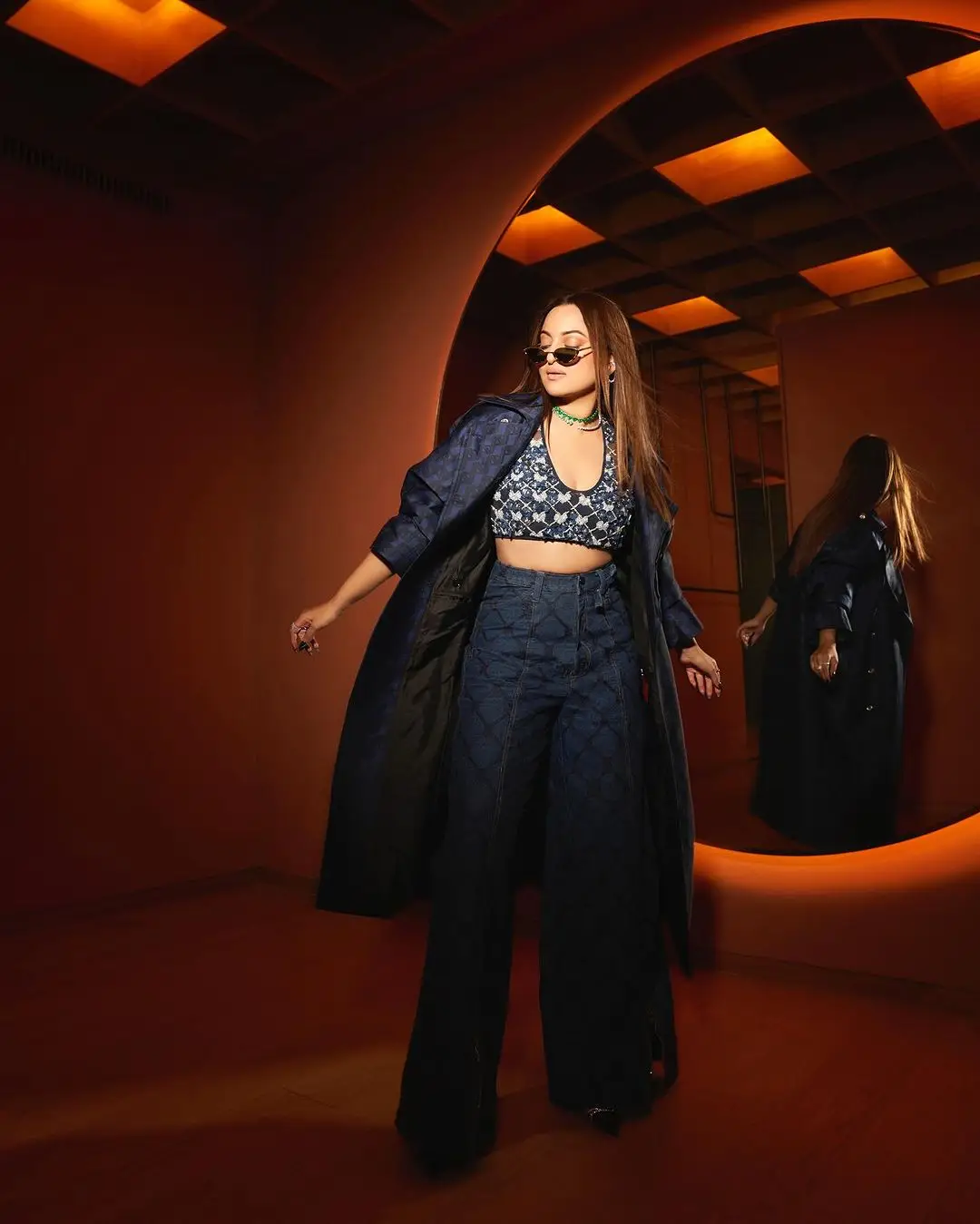 Sonakshi Sinha Wearing Beautiful Earrings Jewellery Blue Coat Pant